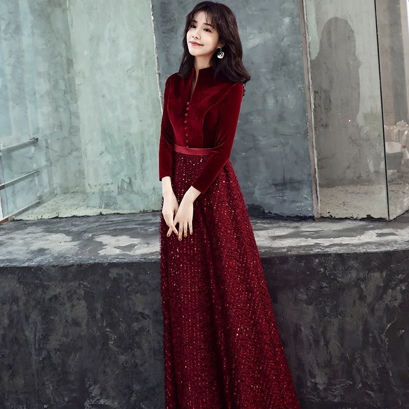 Burgundy Summer Dress Women Vintage Standing Collar Nine-point Sleeve Shining Sequined Maxi Elegant Bride Long Party | Женская одежда