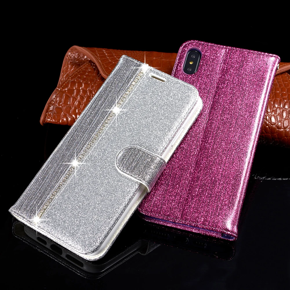 Блестящий Алмазный блестящий чехол для iPhone X XR XS Max 8 7 Plus книжка кожаный мягкий