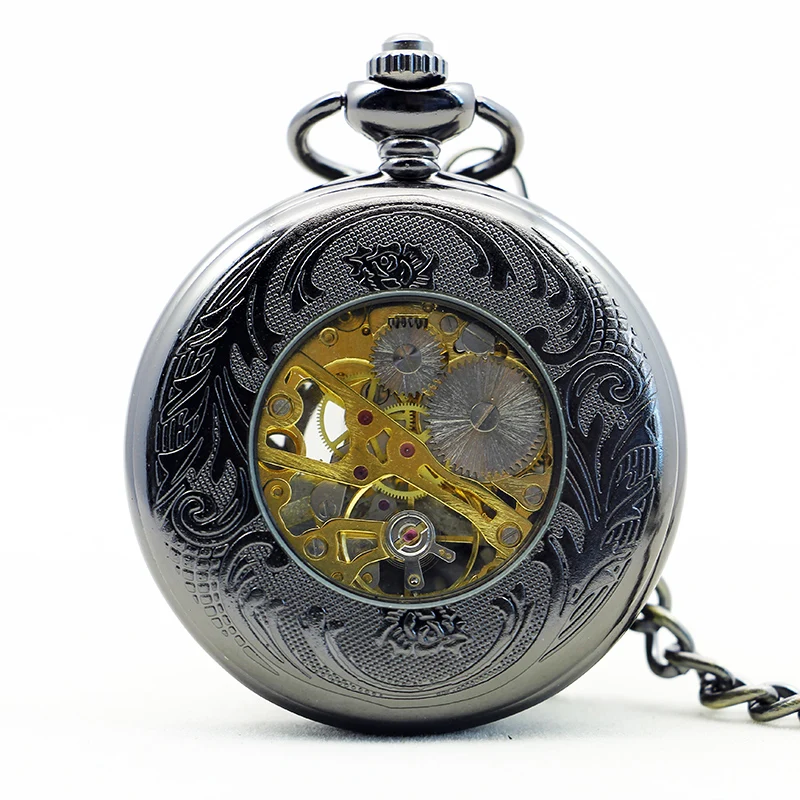 Exquisite Sunflower Sun Skull Mechanical Pocket Watch Vintage Steampunk Manual Chain Necklace Pendant Accessory Clock Gift