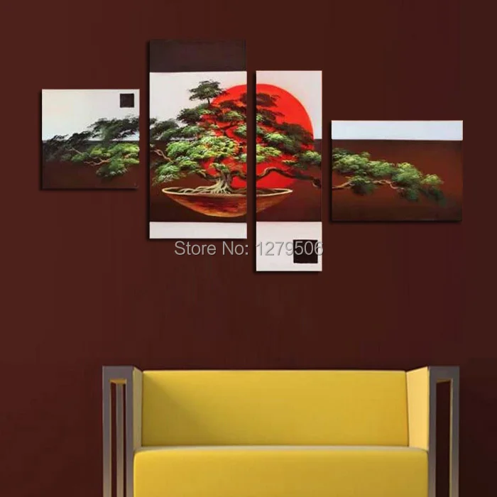 

Handpainted Home Decoration Modern Abstract Sunrise And The Tree Oil Painting On Canvas 4 Pieces Living Room Wall Paintings