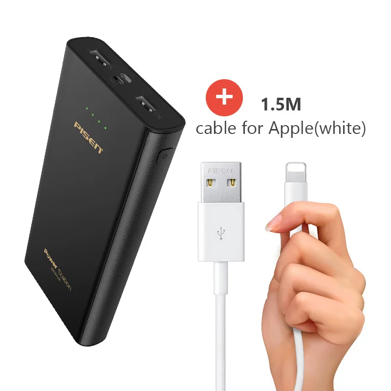 Pisen LED повер банк внешний Аккумулятор для телефонов 2.1a быстрой зарядки Dual USB Выходы двойной Вход Micro Тип USB-C Вход внешний Батарея Портативный Мощность банк - Цвет: DK2B 1 cable 150cm