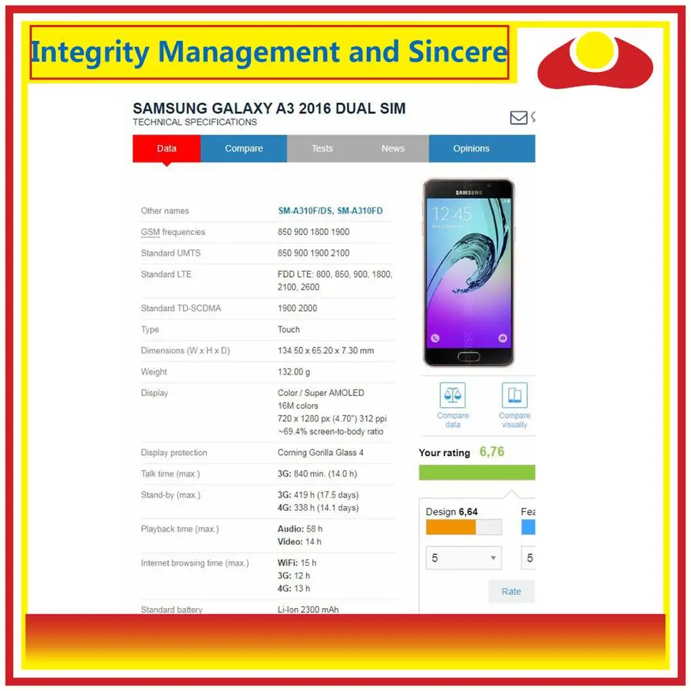 Оригинальный жк дисплей с дигитайзером сенсорного экрана для Samsung Galaxy A3 2016 A310 A310F