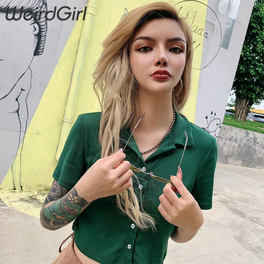 Weirdgirl/женские модные темно-зеленые футболки с отложным воротником, с коротким рукавом, на пуговицах, тонкие женские футболки, укороченный топ, женская уличная одежда, лето
