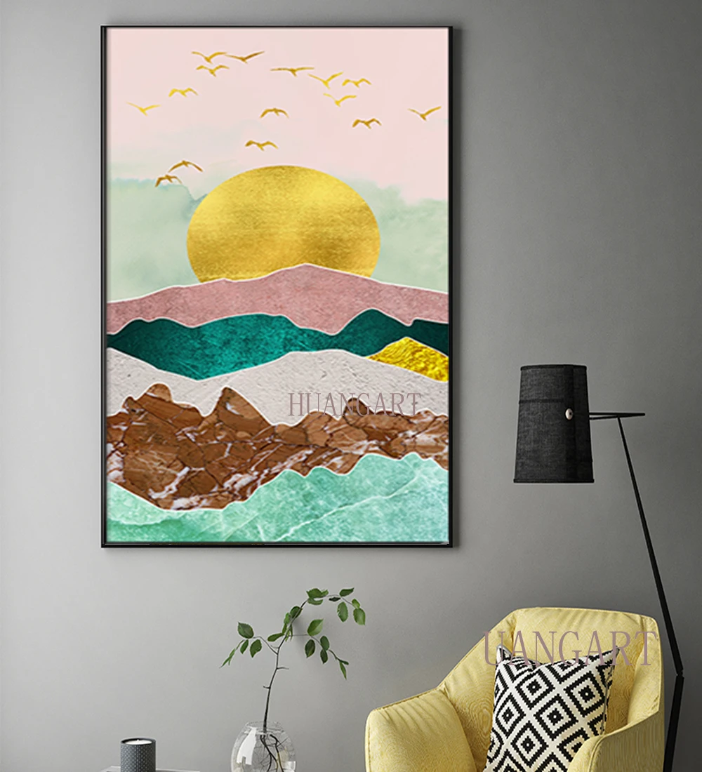 Hand Painted Abstract Gold Yellow Mountain Colourful oil Painting On Canvas Wall Art Adornment Pictures For Living Room | Дом и сад