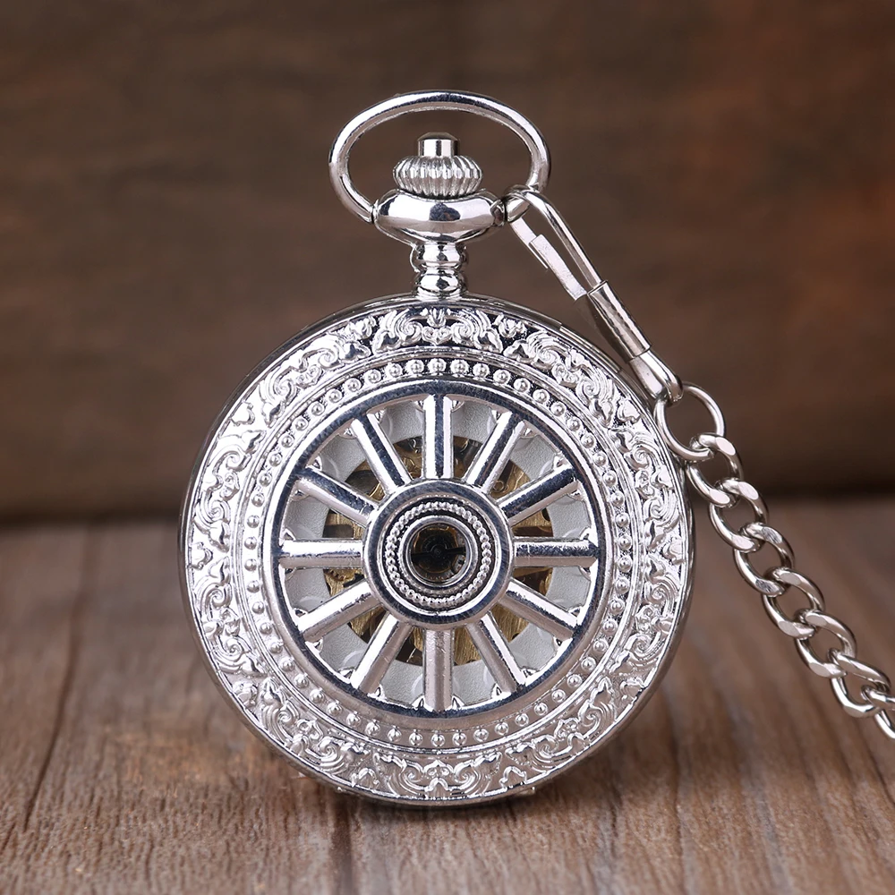 Silver Skull Disk Shape Manual Mechanical Pocket Watch Retro Gentleman Pendant Necklace Accessories Men's and Women's Gifts