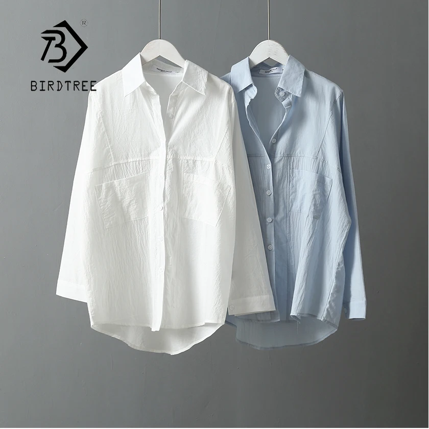 New Arrival Women Oversize Solid White Long Blouse Batwing Sleeve Pockets Patchwork Shirt Turn-Down Collar Casual Top T96709F |