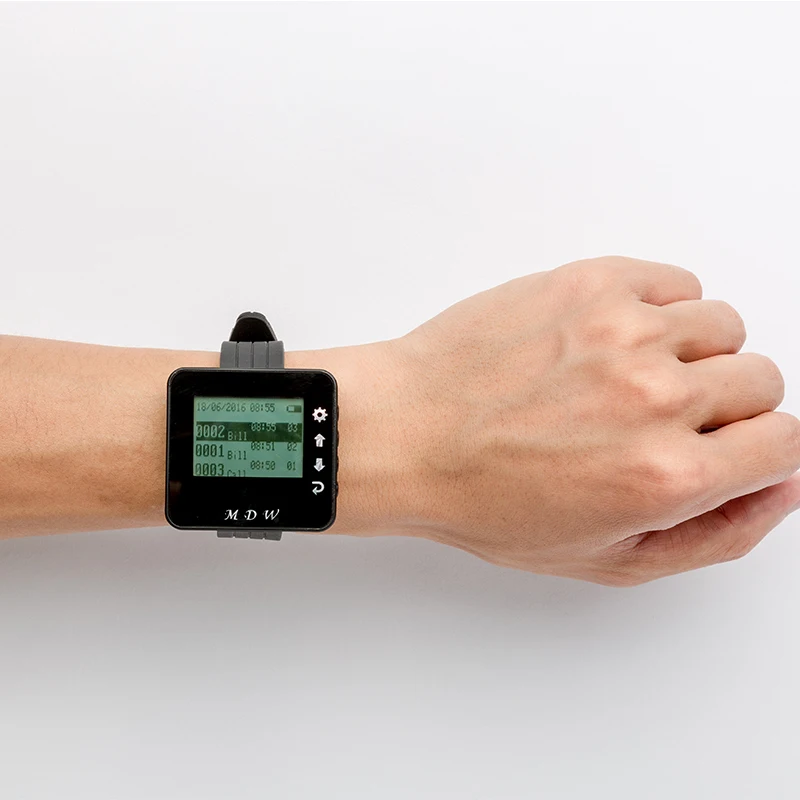 Mindewin 2017 Новая модель беспроводной вызывной системы 10 шт. кнопка вызова официанта + 1 шт. Приемник с LED-дисплеем на наручных часах.