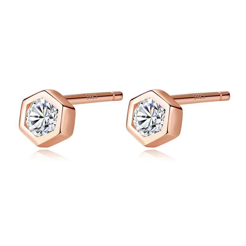 

New Fashion Real 925 Sterling Silver Rose Gold Color Stud Earrings For Women Geometric hexagon AAA Zircon Earrings Fine Jewels