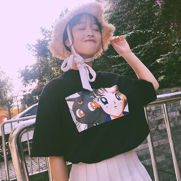 

Camisetas Mujer 2021 Summer Womens Tshirts Korean Style Ulzzang Harajuku Cartoon Printed Kawaii Short Sleeve T-shirt Woman Tops