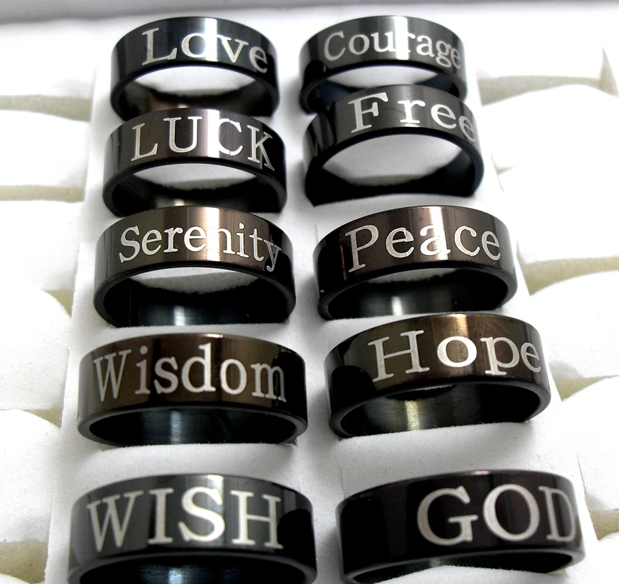 Черные мужские модные кольца из нержавеющей стали GOD SERENITY WISH LOVE WISDOM FREE PEACE LUCK