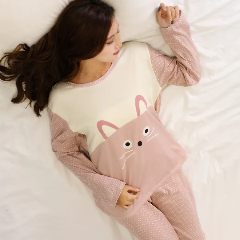 2 Комплекты пижам для женщин с круглым вырезом и мультяшным принтом Kawaii, хлопковые пижамы для женщин, зимняя мягкая Корейская Домашняя одежда, милый комплект из 2 предметов - Цвет: 2