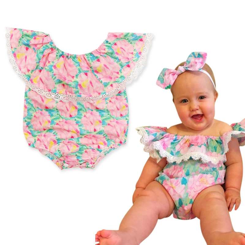 Rorychen Brand 2019 New Summer Toddler Baby Girls Romper Off Shoulder Petal Sleeve Floral Pink Jumpsuit 4-24M |