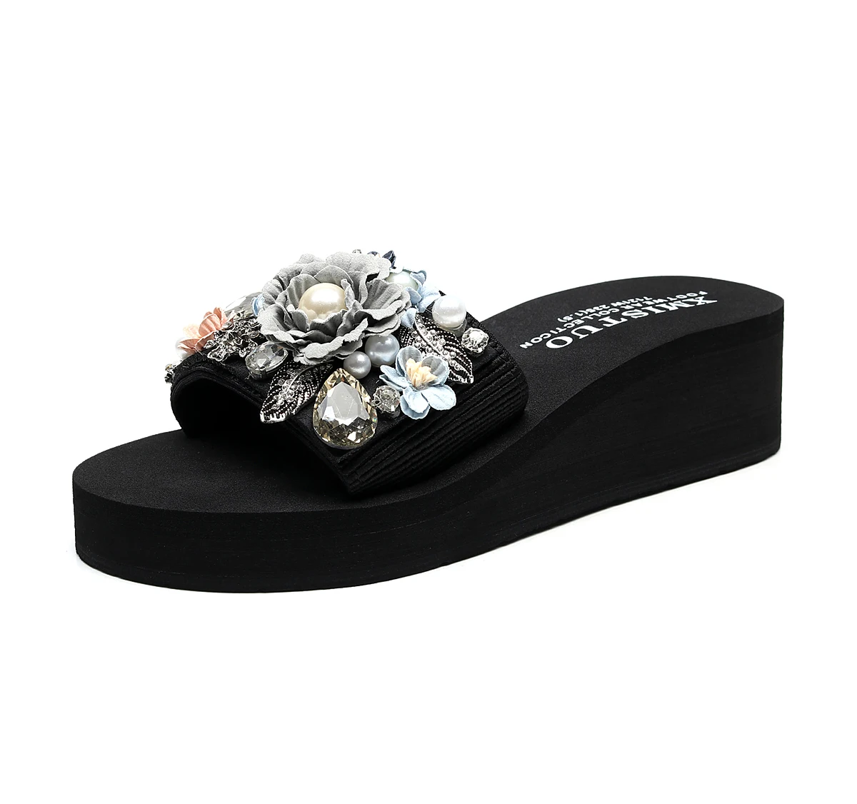 heel height 5cm gray PUIMENTIUA/повседневные женские тапочки с цветами и жемчугом; модная женская обувь на платформе и каблуке; пляжные шлепанцы - Цвет: heel height 5cm gray