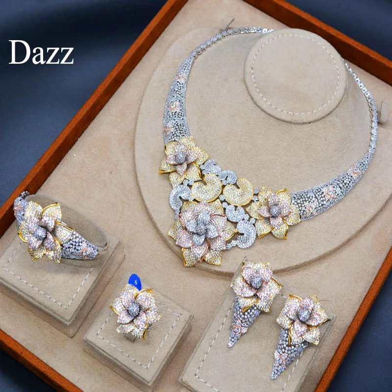 Dazz Роскошный цветок CZ Циркон Африканский ожерелье Серьги Дубай Нигерия свадебный ювелирный набор для женщин невесты золотого цвета кольцо браслет