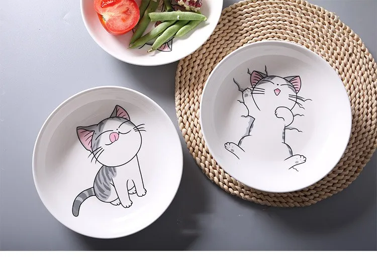 Керамическая тарелка с рисунком кота, тарелка для творческой кухни, белая керамическая тарелка, стейк, рисовый суп, костяной фарфор, посуда, подарочное блюдо