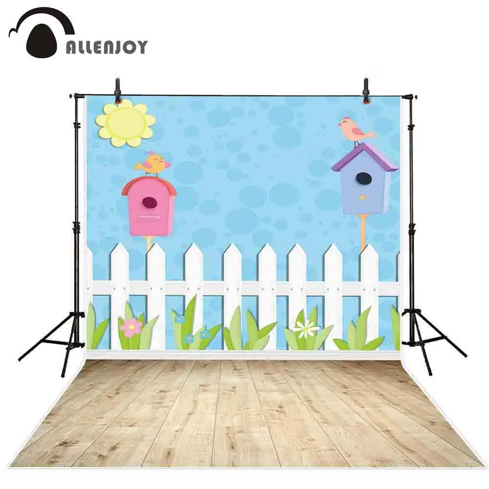 Allenjoy photography background cartoon fence mailbox bird wood baby spring photo studio backdrops photocall camera photophone |