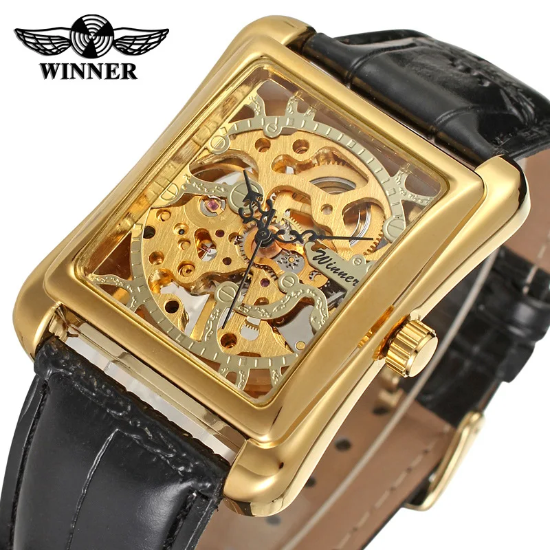 

2023 Winner Brand Retro Casual Series Rectangle Dial Design Golden Pattern Hollow Skeleton Watch Men Top Luxury Mechanical Clock
