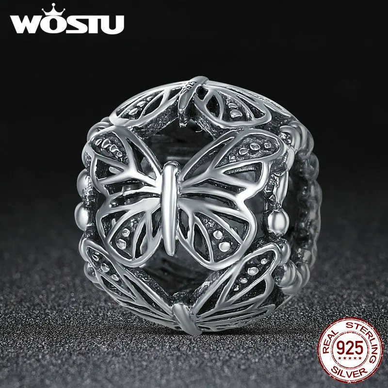 

WOSTU Authentic 100% 925 Sterling Silver Stackable Butterfly Round Charm Beads fit DIY Charm Style Bracelet Jewelry Gift CQC491