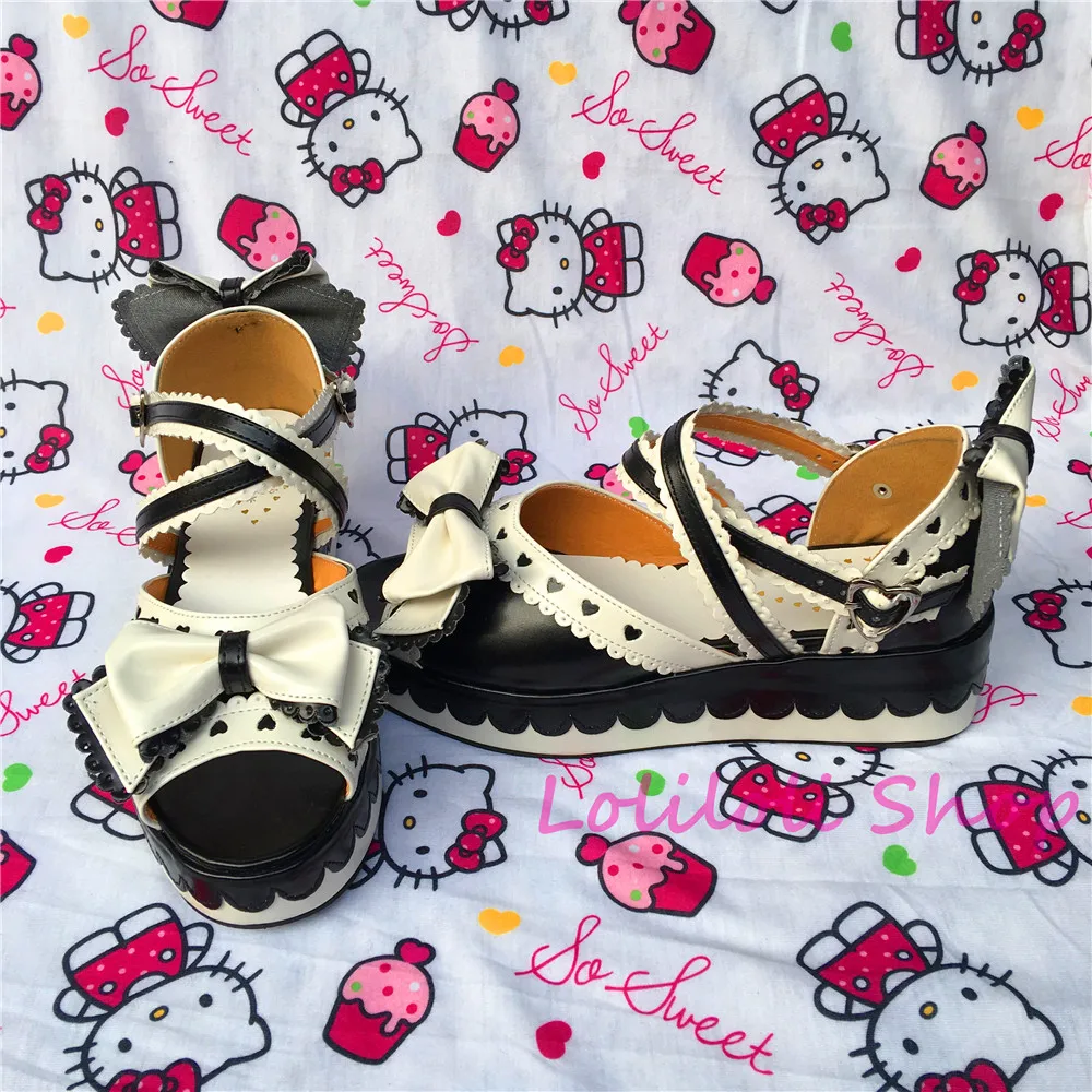 

Princess sweet lolita shoes Lolilloliyoyo antaina Japanese design shoes custom flat platform with black and white bow 6603x