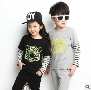 New Hot Fashion Gothic Punk Girl Boys Casual Tracksuits Patchworl Stripes Long Sleeve+Pant 2Pieces Sportswear Tiger Head Printe | Детская