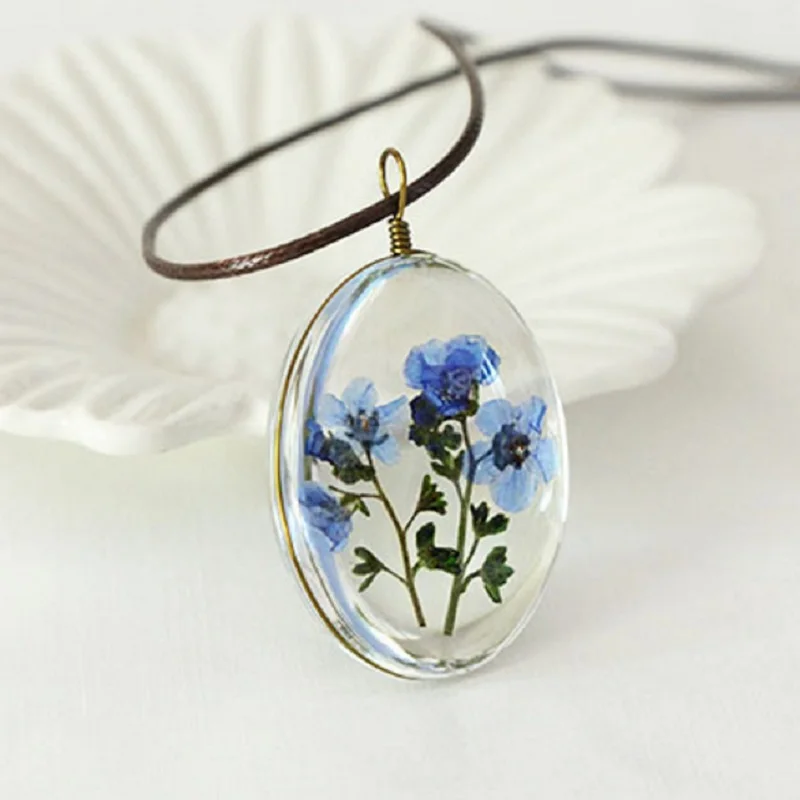 Овальный стеклянный кулон с сушеным цветком и кожаным шнуром 70 мм ожерелье