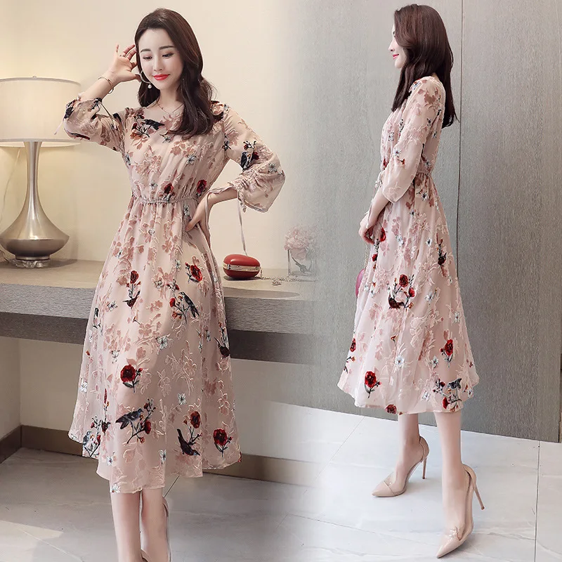 Платье женское с цветочным принтом весеннее/летнее шифоновое платье о вырезом и
