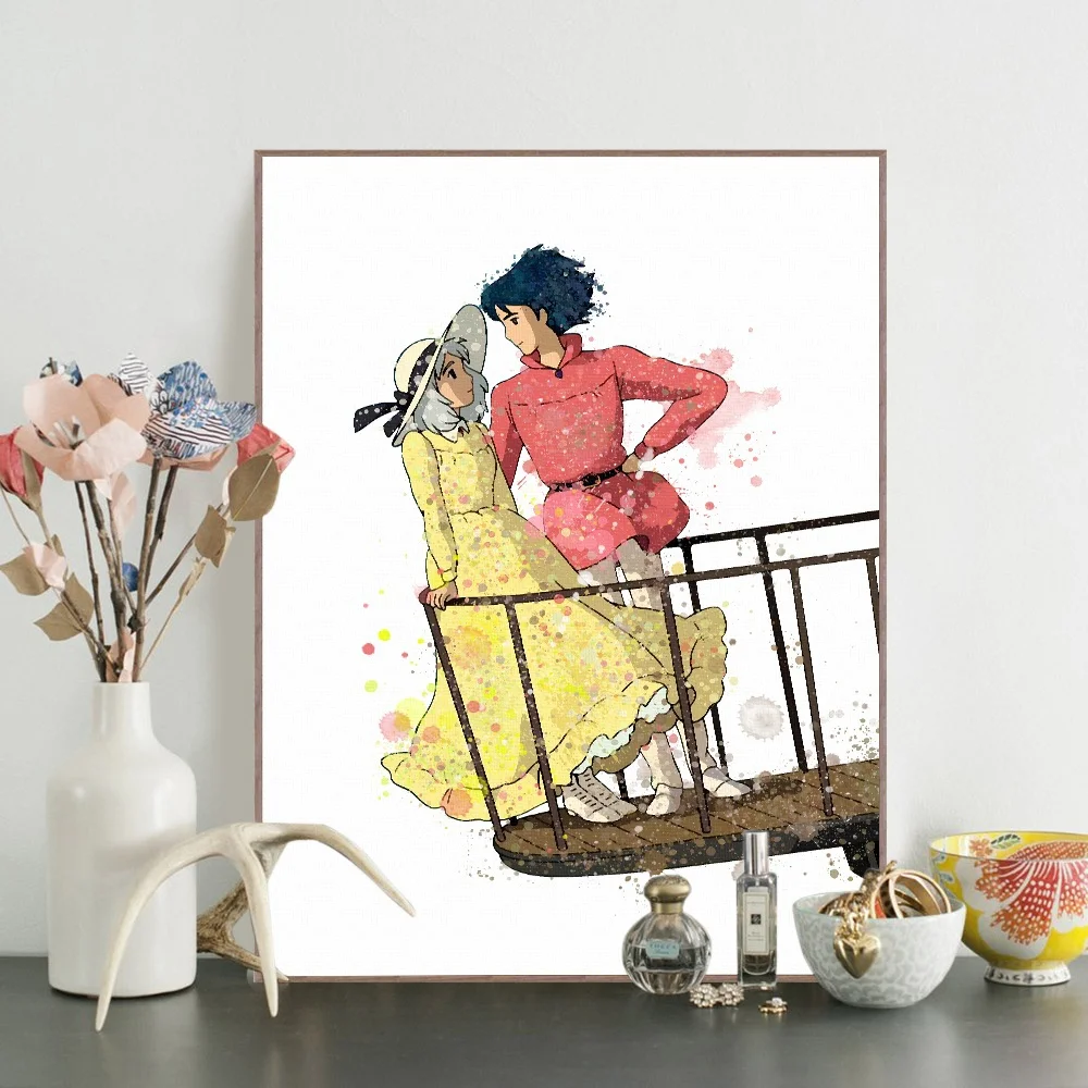 Акварель Miyazaki Howl движущийся замок Японский Аниме Холст А4 плакат печать на стене