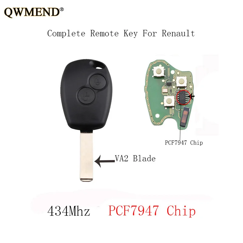 QWMEND 2 кнопки PCF7947 чип полный дистанционный брелок для Renault Clio Scenic Kangoo Megane 434 МГц и VA2