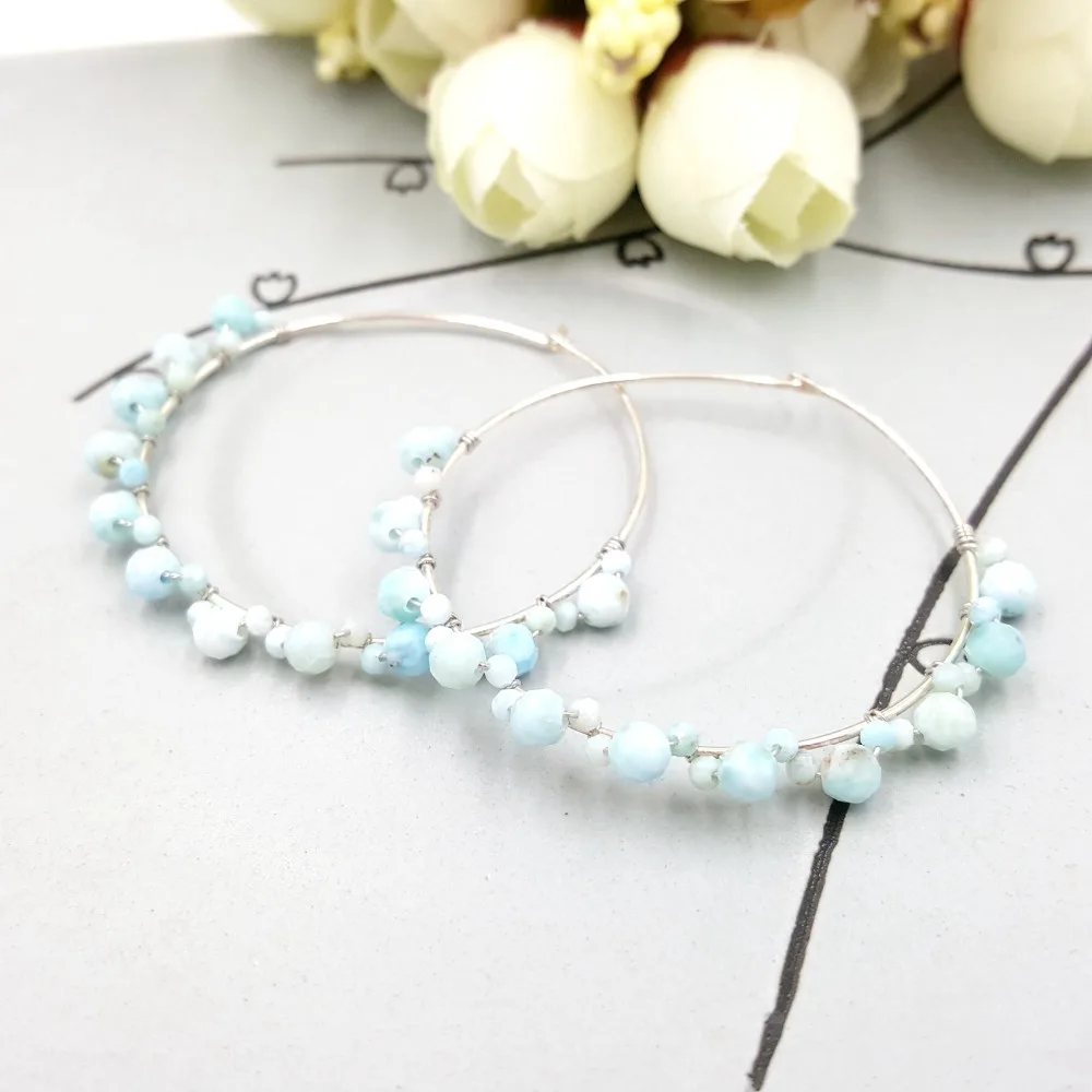 LiiJi Unique Natural Stone Blue Larimar 925 Sterling Silver Big Hoop Handwork Earrings Women Fashion Daily Jewelry