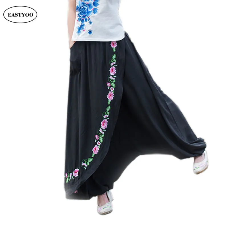 Вышивка платье женские брюки черный белье шаровары Большой размер широкий