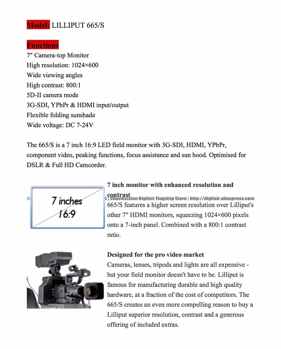 LILLIPUT 665/S " TFT светодиодный HD камера поле Топ HDMI 3G-SDI монитор, пиковый YPbPr HDMI вход стандартного интерфейса данных выход на камеру полевой монитор