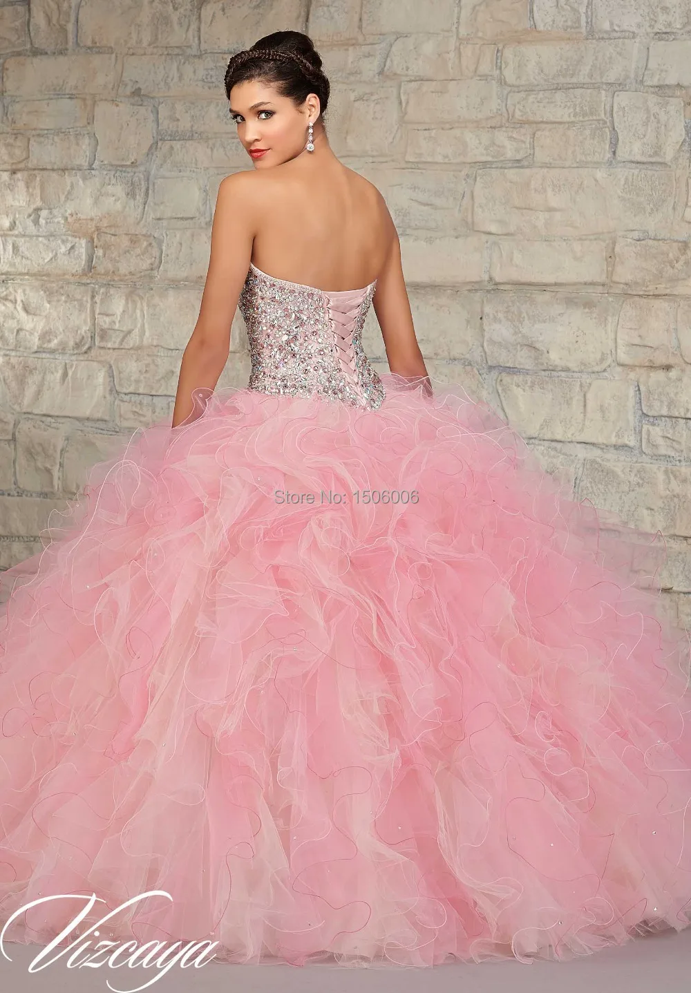 Платья для Quinceanera официальное платье Розовое Бальное Платье без рукавов с