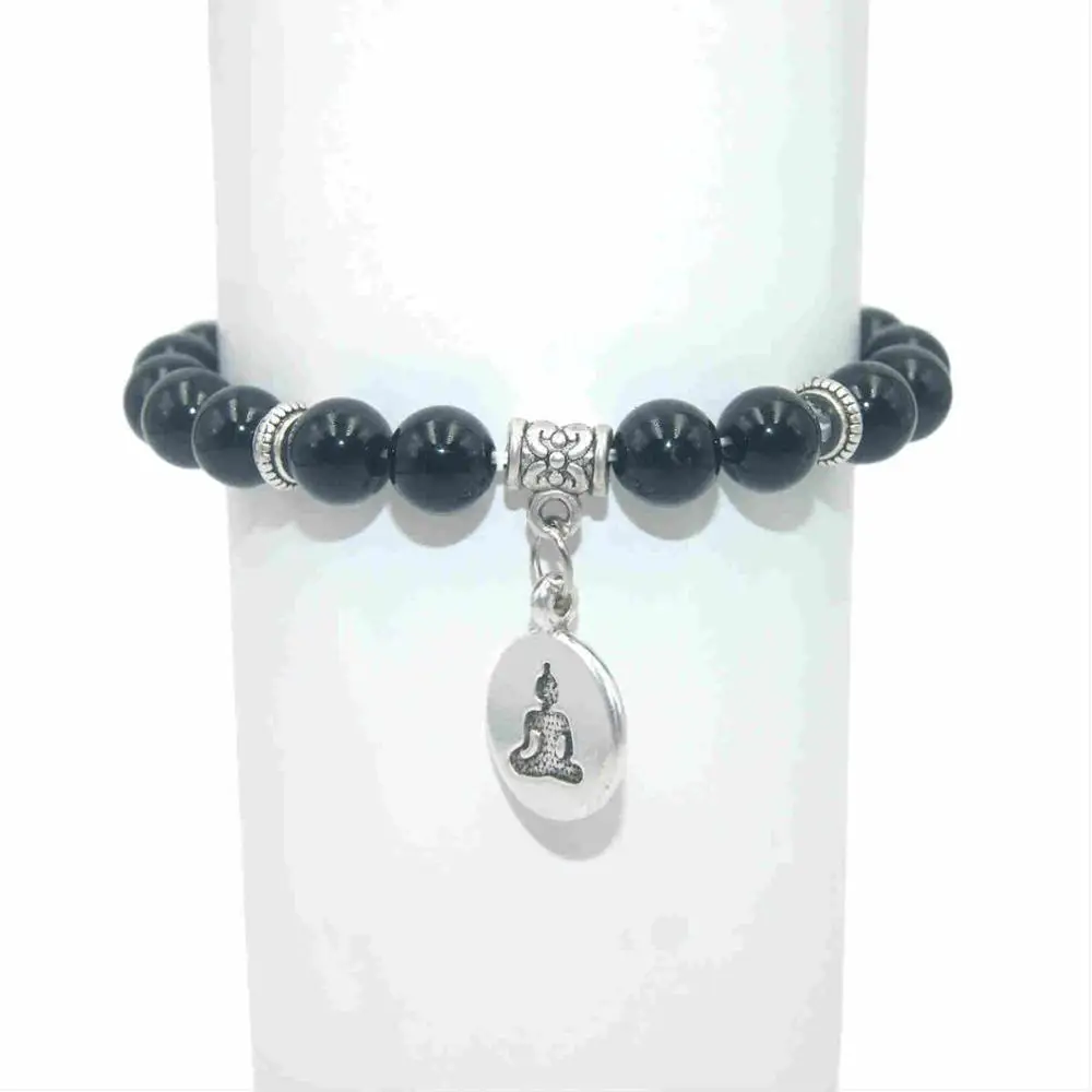 Black Agate Будда из натурального камня бусины аметисты Агаты лазурит тигровый глаз бирюза для мужчин Исцеление йогой баланс браслет - Окраска металла: Black Agate