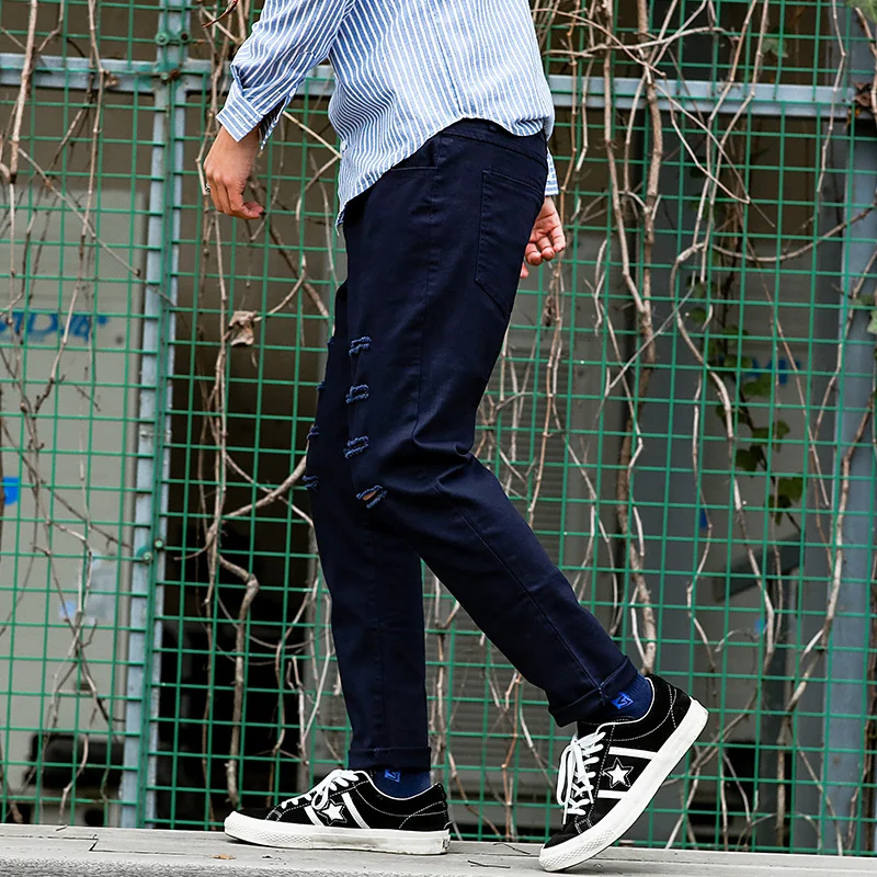 New 2019 Fashion Spring Casual Hip Hop Black Men's Water Ripped Holes Two color Cowboy Leisure Slim Fit Pants Trousers Men | Мужская