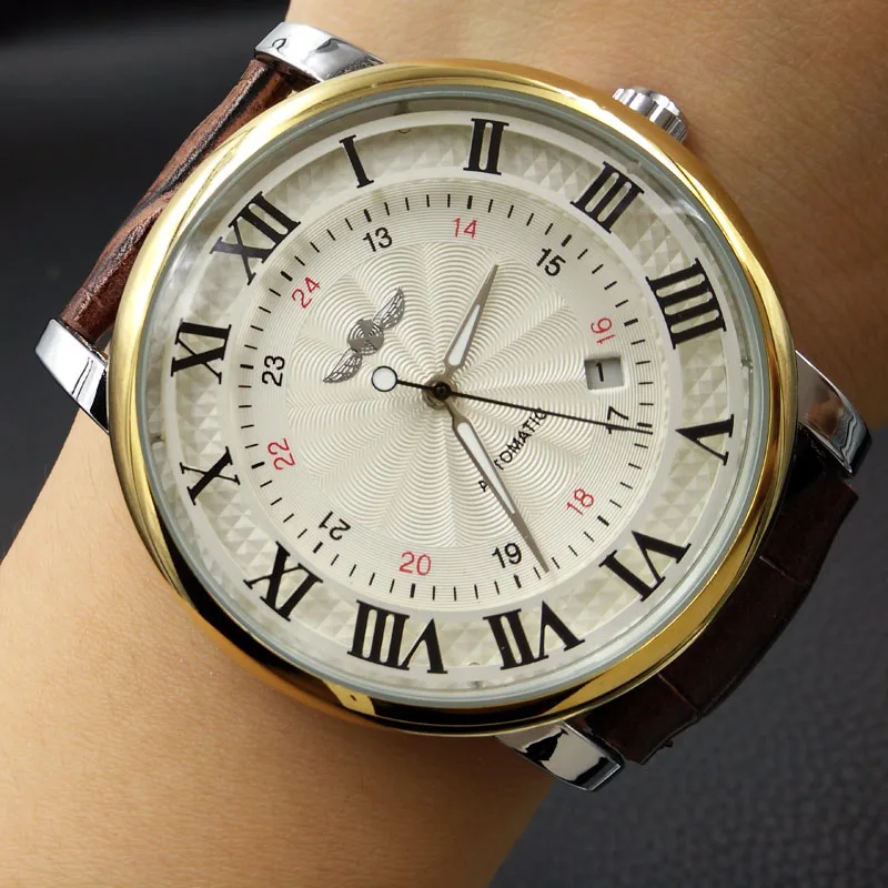 Relogio Relojes новые модные часы из розового золота, автоматические мужские механические часы с кожаным ремешком и датой на день