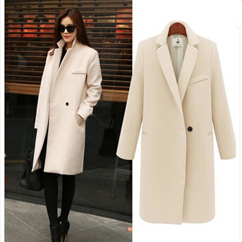 2015 Fashion Elegant Women Long Coat Winter Single Button Slim Wool Cashmere Overcoat Beige Pink Black Ladies Coats Korean | Женская