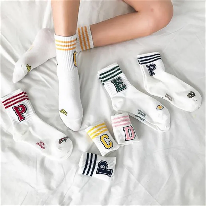 Hot sale ulzzang socks for women cotton comfortable stripe spell color alphabet thread wild Harajuku | Женская одежда
