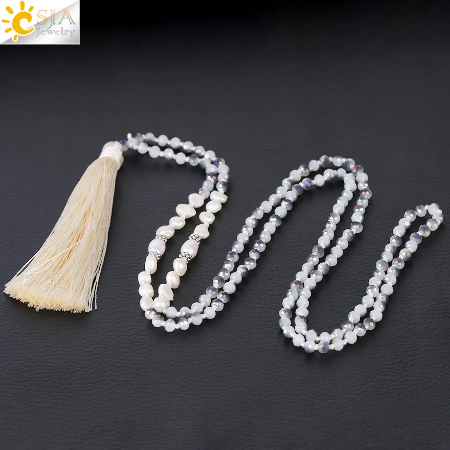 Женское длинное ожерелье CSJA белая подвеска с шелковой кисточкой и стеклянными