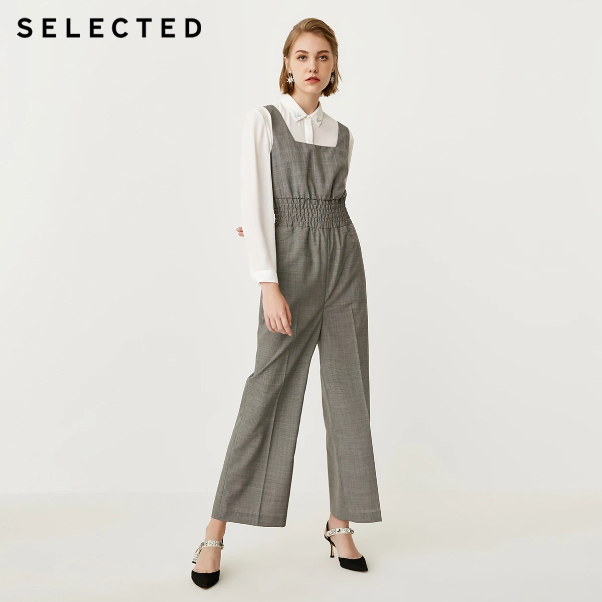 SELECTED Women's Wool-blend Loose Fit Shoulder Straps Plaid Jumpsuit SIG|418344505 |