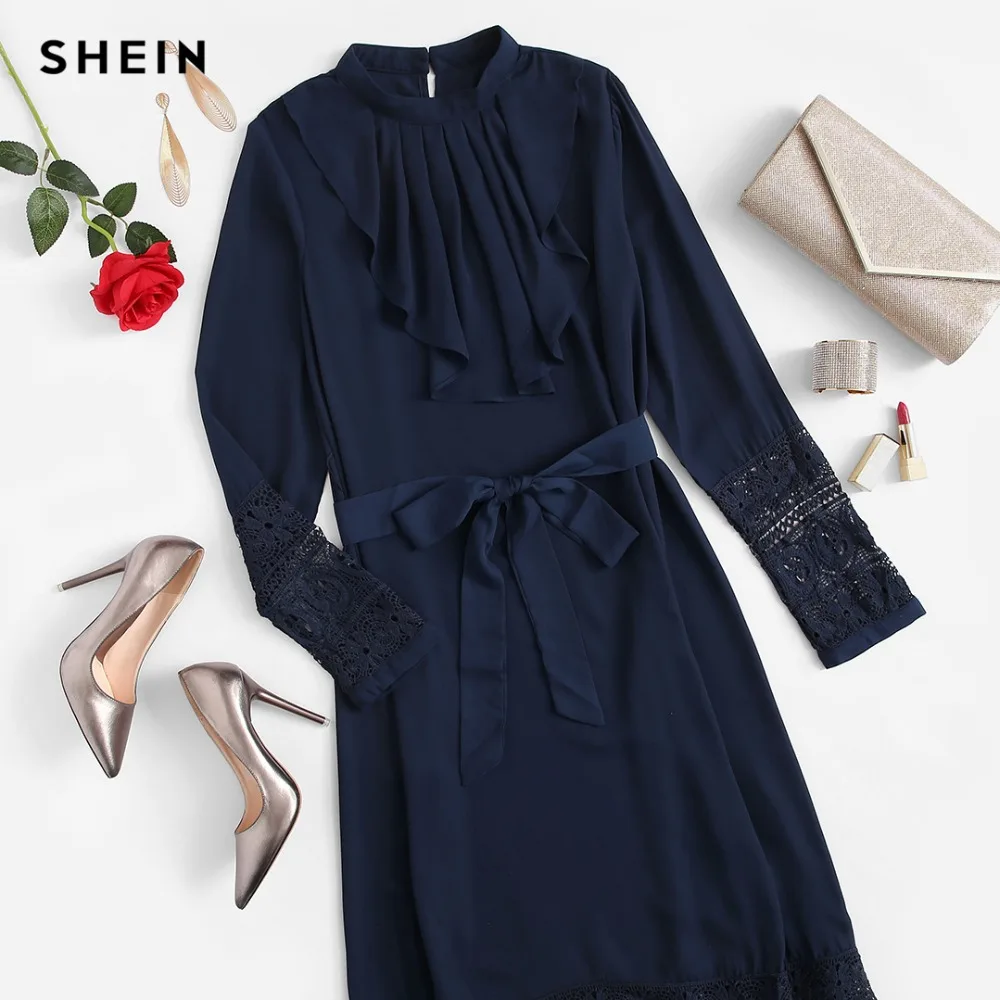 SHEIN Платье С Гипюровой Отделкой И Поясом, Миди Слатье С Воротником Стойкой И Длинными Рукавами