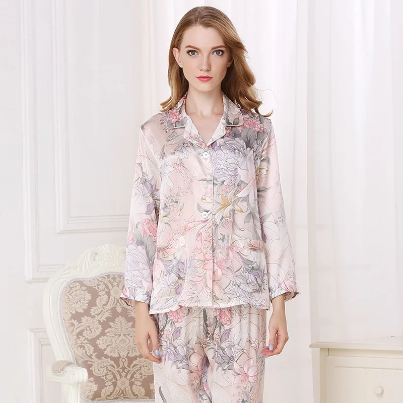 16 momme Elegant noble 100% genuine silk pajama sets women autumn long sleeve sexy peonies flower pyjamas women sleepwear