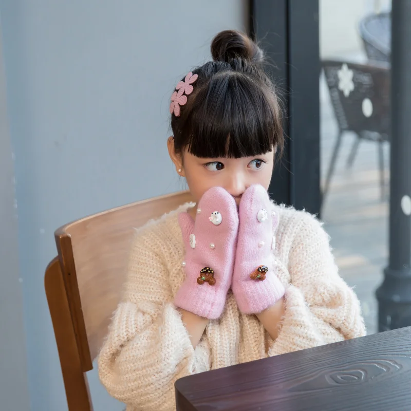 Осень-зима милые перчатки для девочек с Микки из меха кролика шерстяные