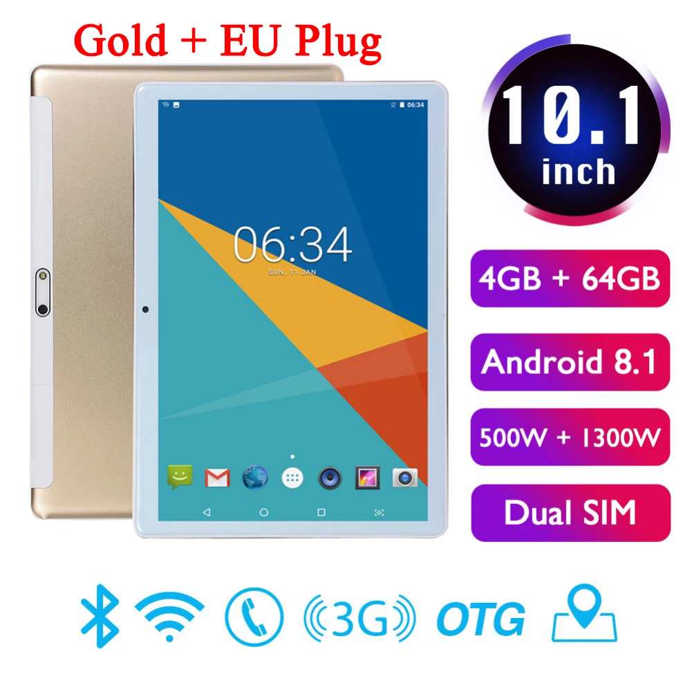 Gold EU 10,1 дюймов 4 Гб+ 64 ГБ Android 8,1 WiFi планшетный ПК двойная SIM Двойная камера 3g телефон Pad планшеты с адаптером питания ЕС/США - Цвет: Gold EU