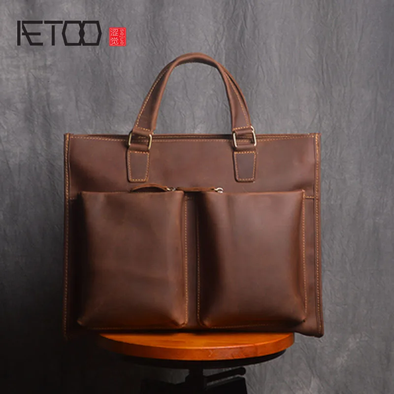 AETOO  The first layer of cowhide retro briefcase 14 inch computer bag crazy horse leather men leather casual shoulder bag messe