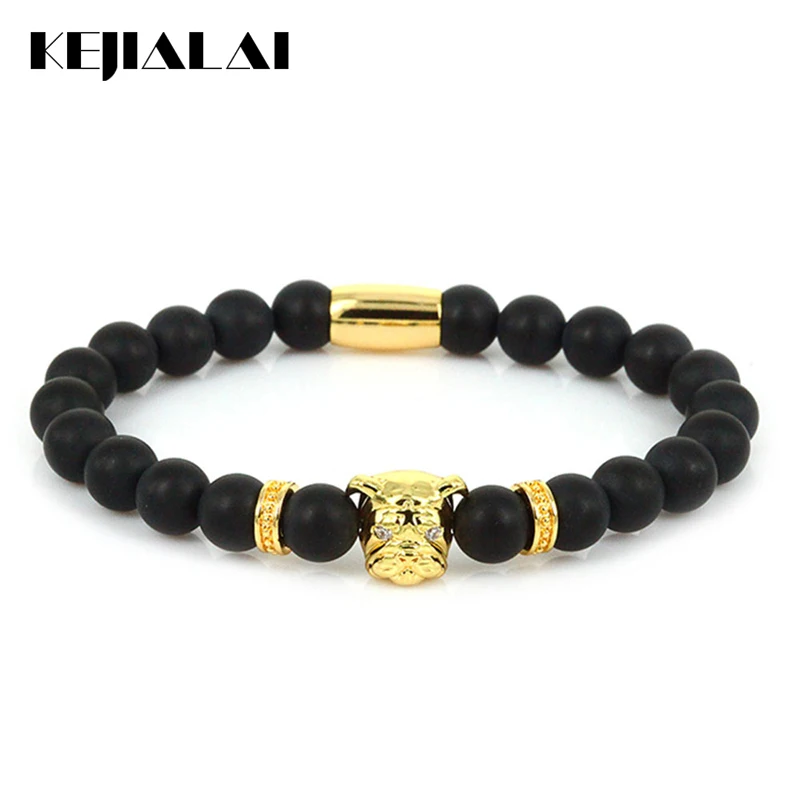 KEJIALAI Lucky Gem 2018 Fashion Men Jewelry Bulldog Charm Bracelet Women 8mm Black Stone Beads Pulseras Masculina Mantra Prayer | Украшения