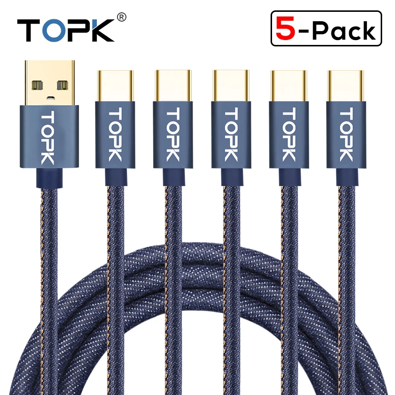 TOPK [5-Pack] usb type-C кабель в джинсовой оплетке для синхронизации данных, мобильный телефон, USB кабель для samsung S8 S9 Plus a5 one plus 5t 6