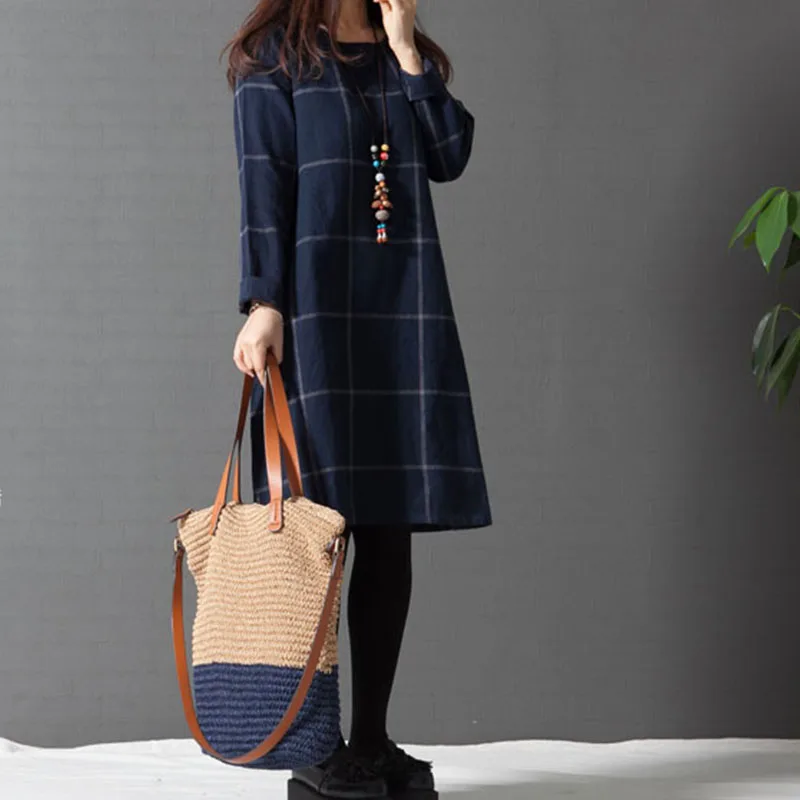 Plus Size Women Dress 2018 Autumn Vintage Paid Print Dresses Long Sleeve O Neck Midi Sexy Casual Loose A Line Female Vestidos | Женская