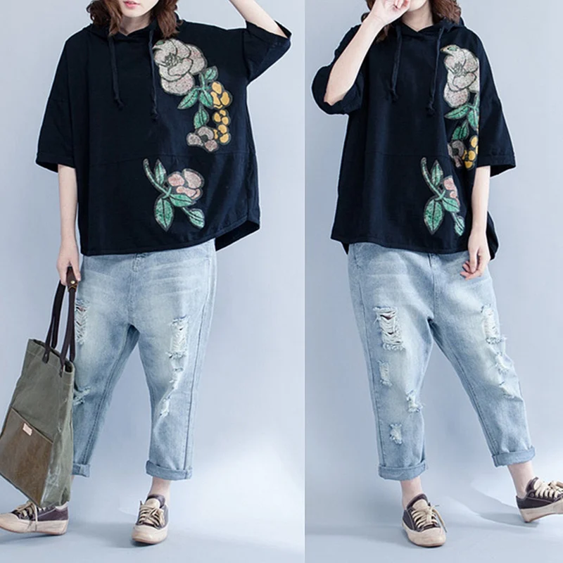 Женская футболка с капюшоном elseisle черная цветочным принтом и рукавом летучая