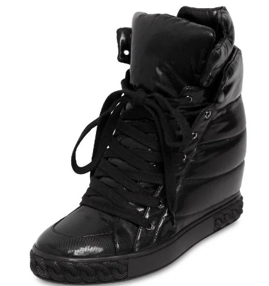 

Drop Shipping Winter New Women Solid Black Sliver 8 cm Height Increasing Round Toe Lace Up Front Outdoor Casual Sneakers Shoes