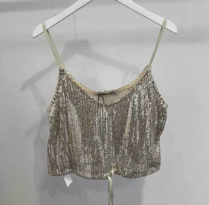 Женские летние серебряные блестки топики с v-образным вырезом Blingbling летние сексуальные короткие топы с блестками и бисером топики